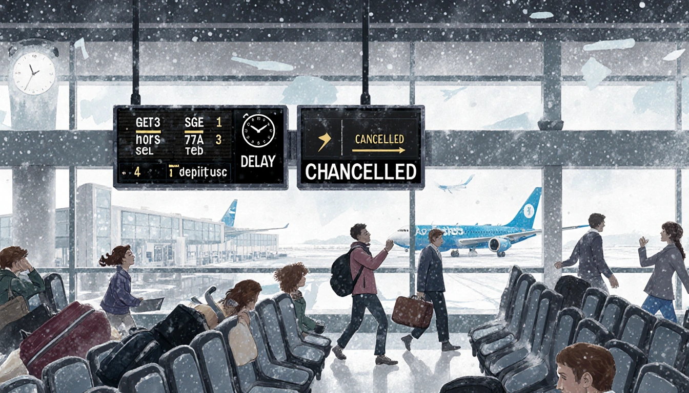 Frazzled travelers rushing toward security with departure boards showing flight delays and a winter storm over the terminal