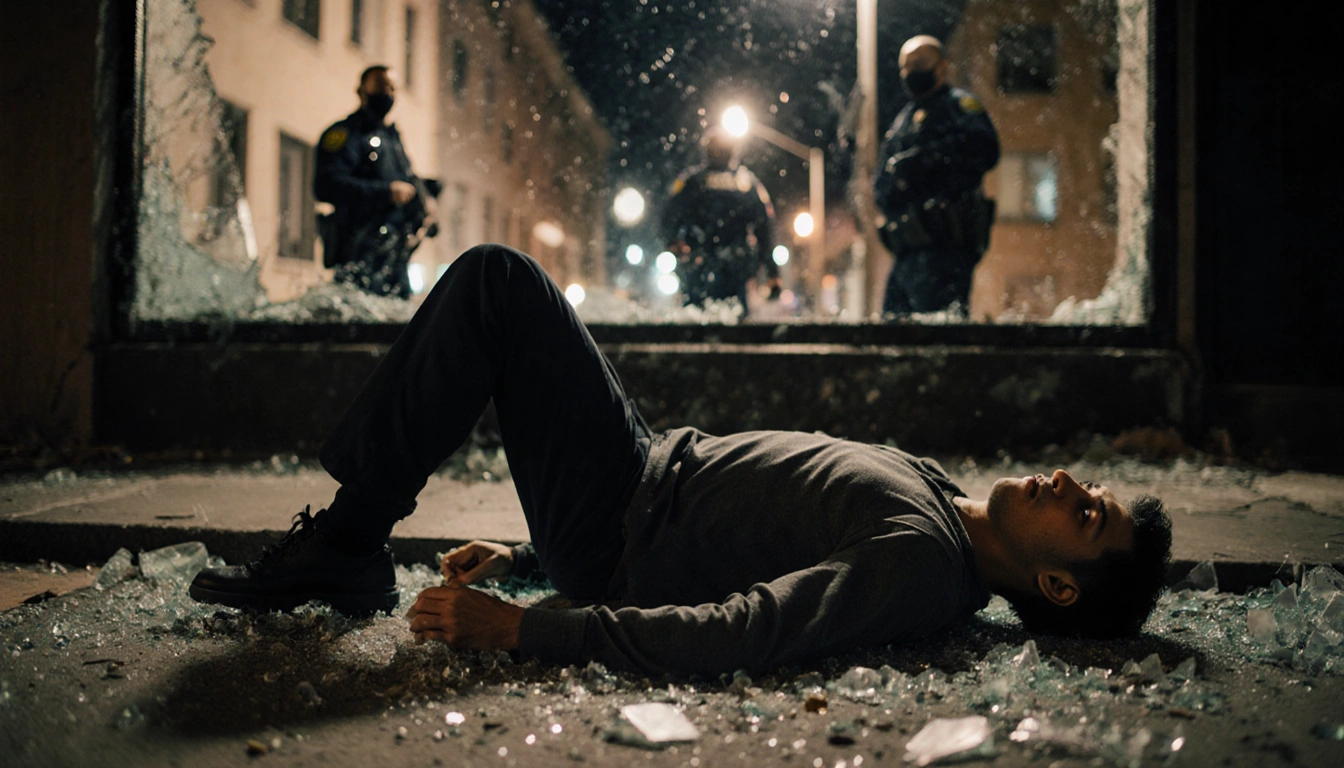 Alberto Arzola lying face-down with arms splayed and one arm bent under him glass around him police visible broken window