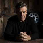 Alec Baldwin sits with his eyes down and hands clenched beside a candle with a film reel in the background