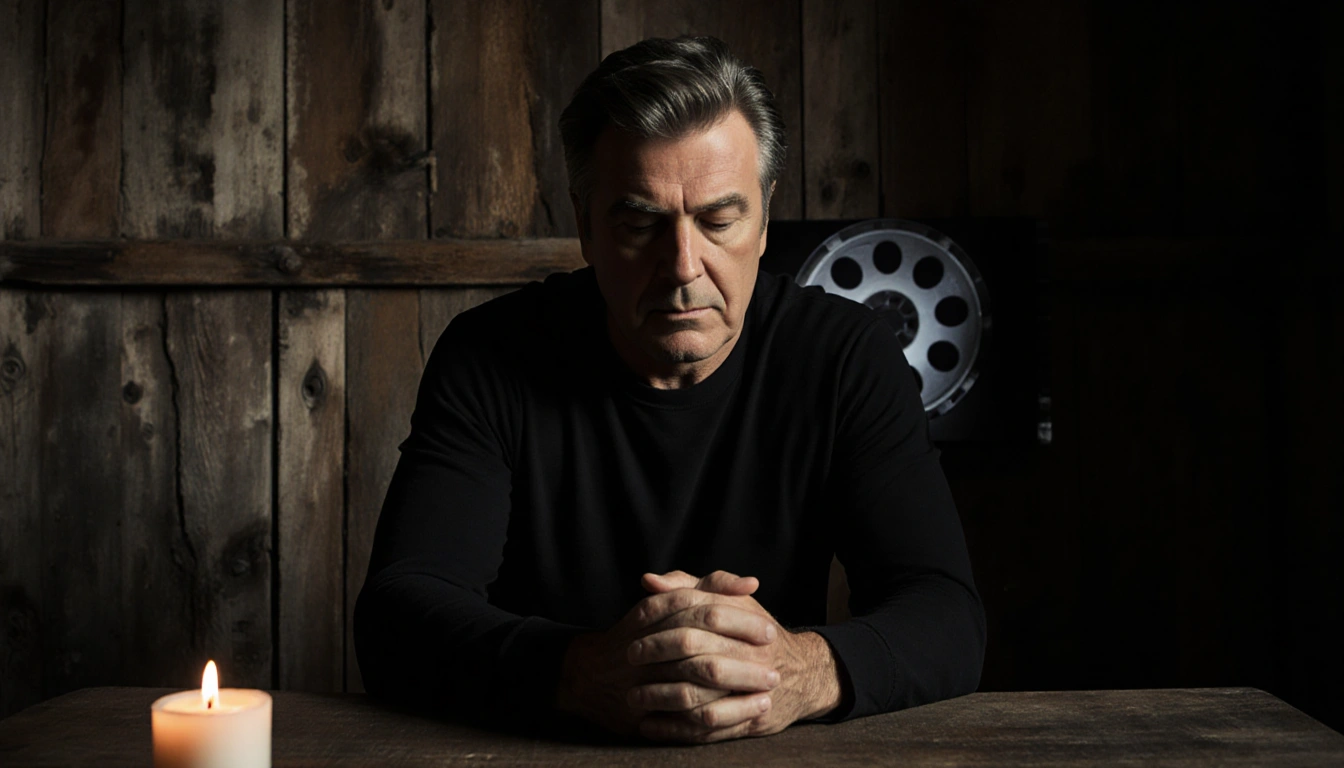 Alec Baldwin sits with his eyes down and hands clenched beside a candle with a film reel in the background