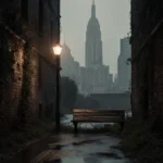 Streetlight flickering over wet pavement with a deserted wooden bench and hazy skyscrapers in background