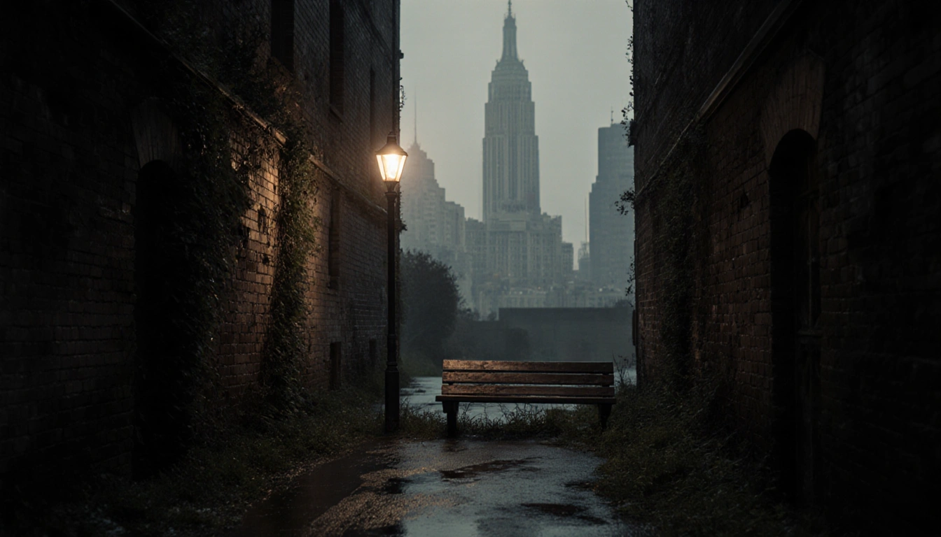 Streetlight flickering over wet pavement with a deserted wooden bench and hazy skyscrapers in background