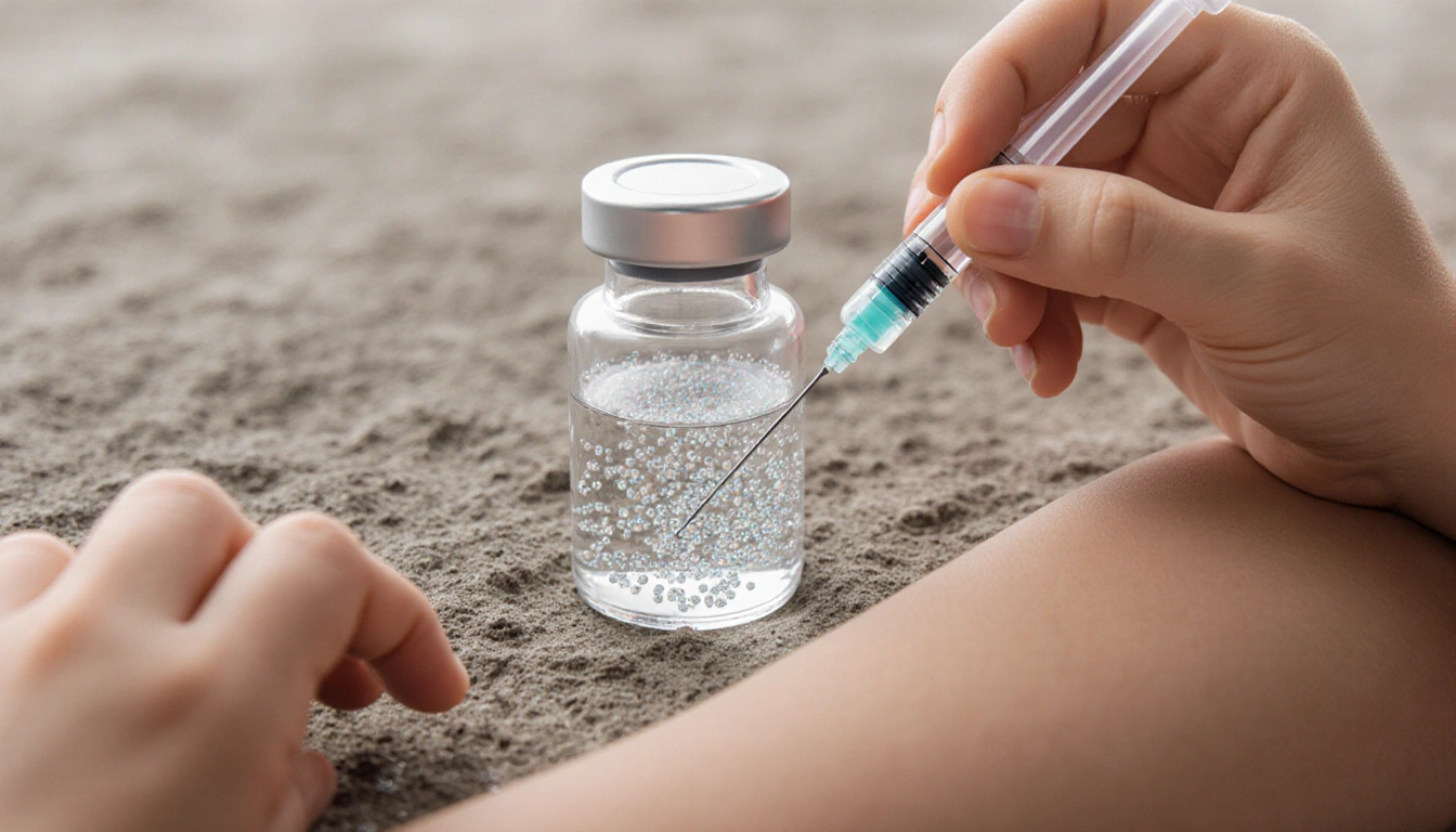 Child's arm being injected with vaccine needle near a vial of clear liquid containing aluminum adjuvant particles