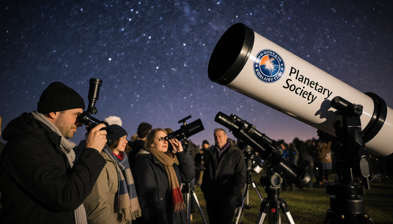 Amateur astronomers stargazing through telescopes with Planetary Society logo and starry sky