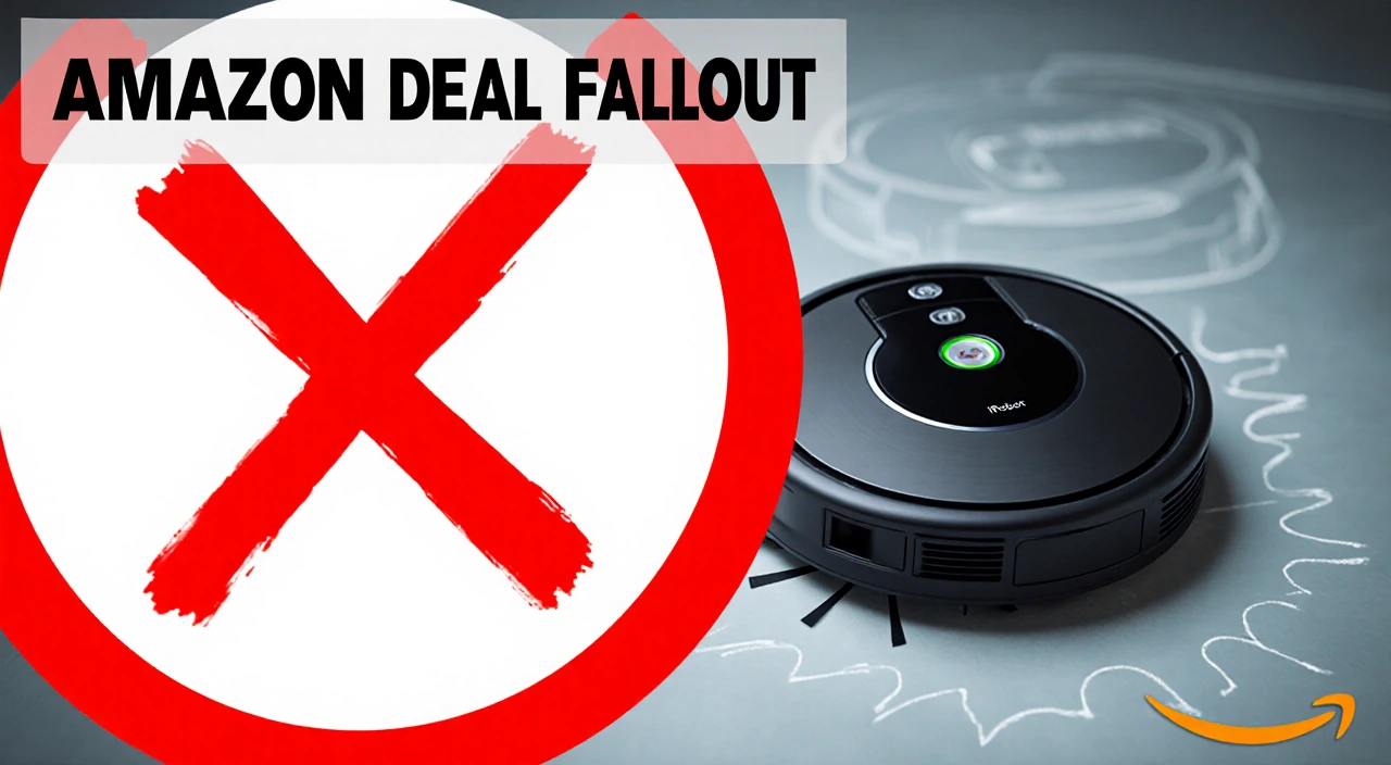 Red X dominates board with Amazon Deal Fallout text above and muted Roomba outline in background.