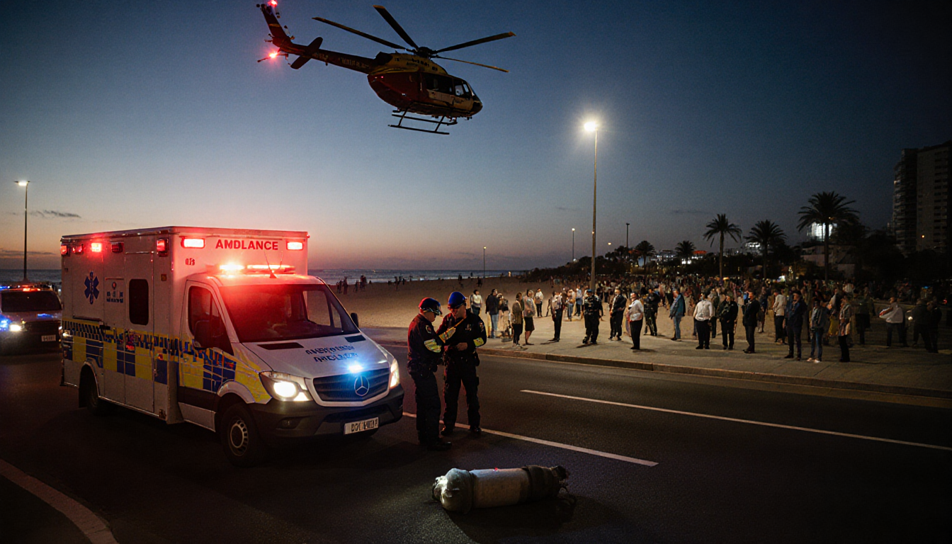 Ambulances parked along beachfront with flashing lights and police helicopter hovering overhead.