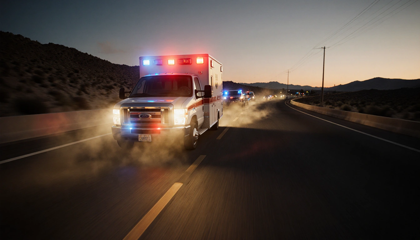 Stolen ambulance races on 14 Freeway with flashing lights and sirens while LAPD cars pursue