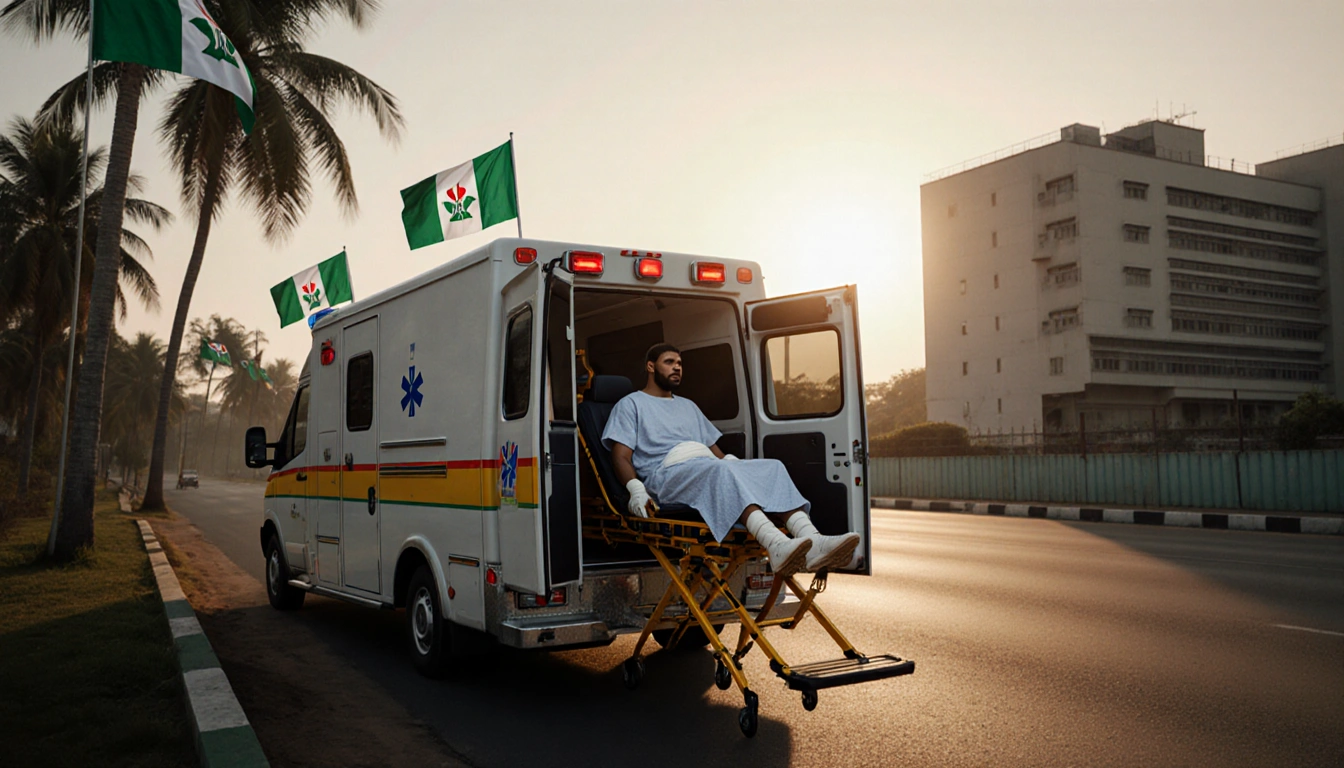 Ambulance loads stretcher with Anthony Joshua near a hospital with Nigerian flags and palm trees