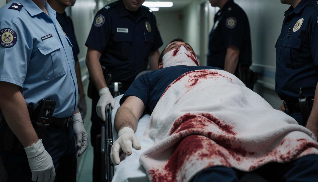 Person lies on ambulance stretcher with face covered by blood‑soaked towel surrounded by medical staff in emergency room