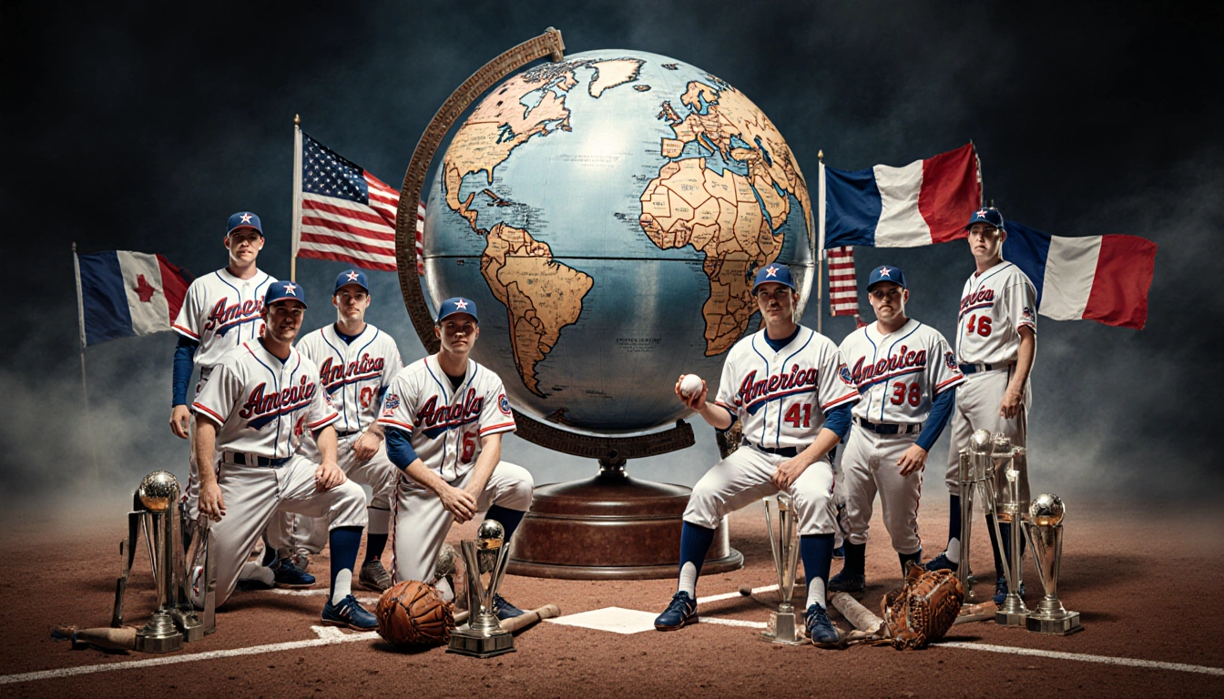 American baseball players gather around a large U.S. map with flags of countries in background and a baseball-shaped globe in