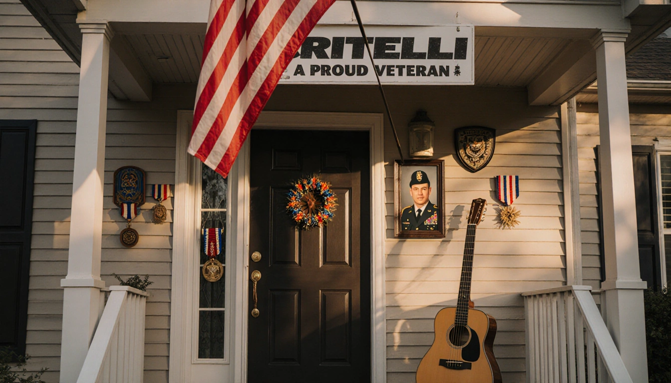 American flag waving above front door with veteran sign and home decorated with medals and photo of Critelli