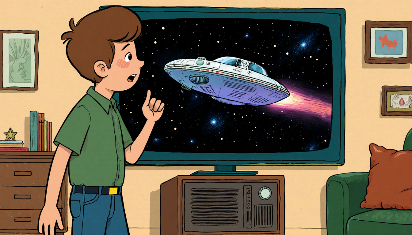 Young person looking curious and excited with a futuristic spaceship on the screen and a 1970s living room background.