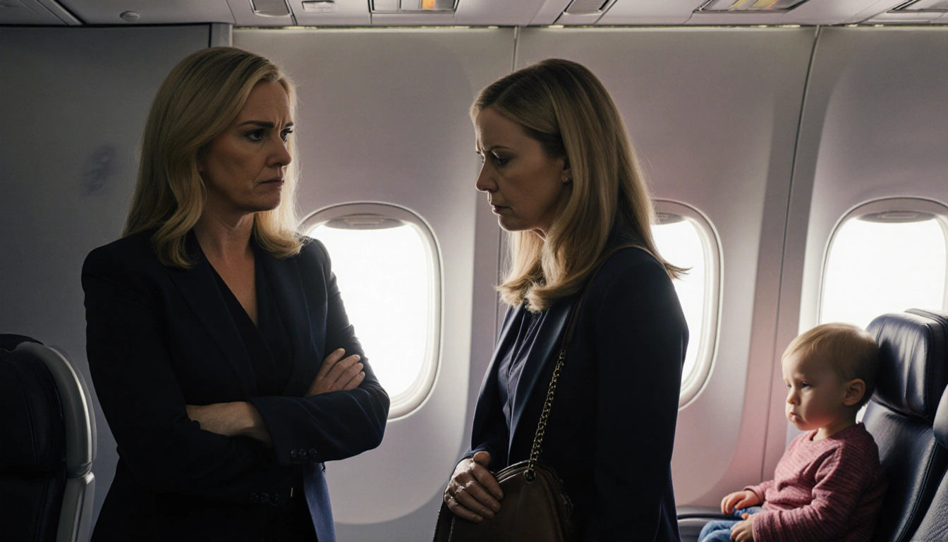 Amy Poehler staring at disapproving first-class passenger with purse and baby in dim airplane cabin
