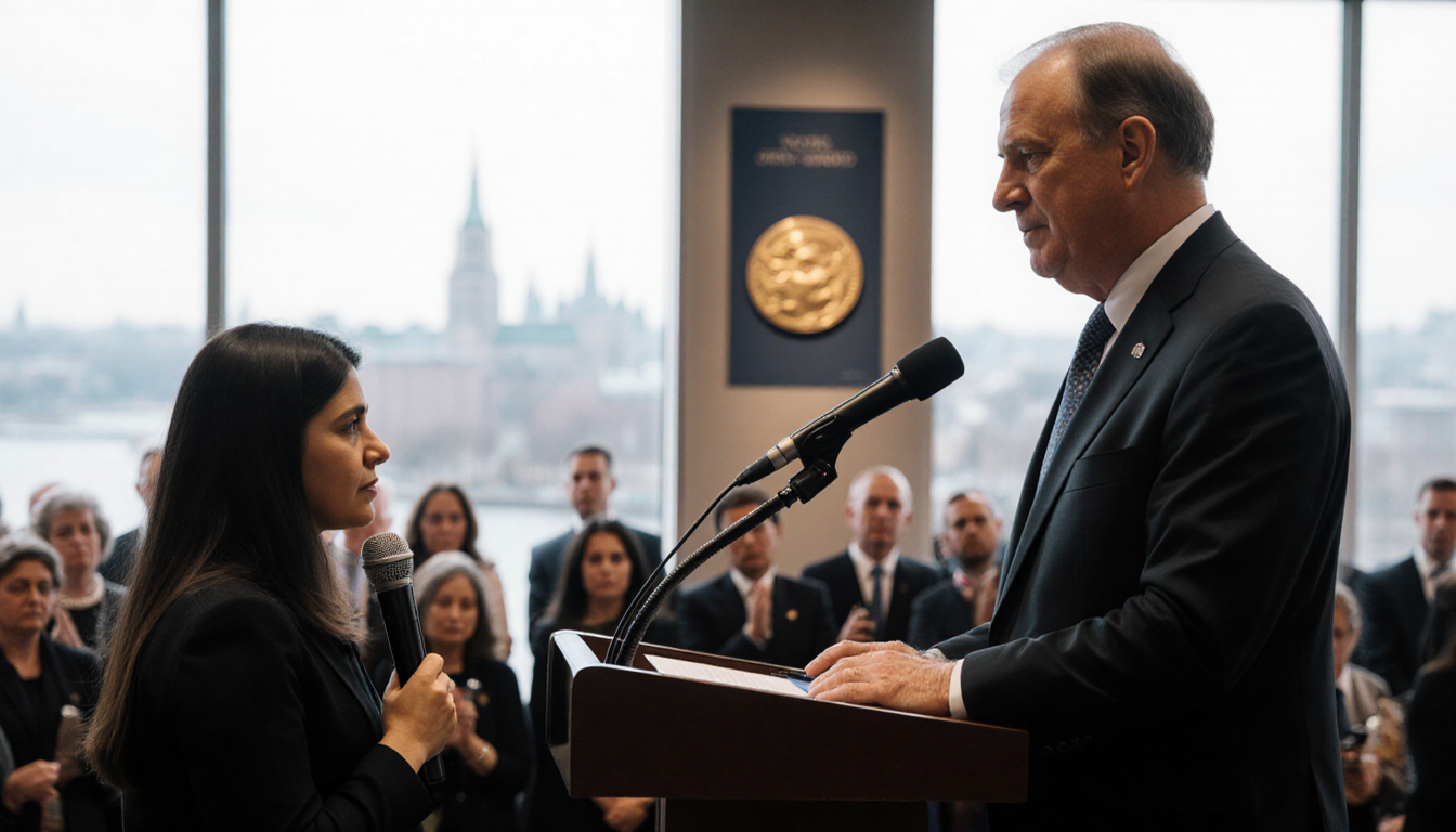 Ana Corina Sosa accepting the Nobel Peace Prize with microphone and podium Oslo cityscape visible through window.