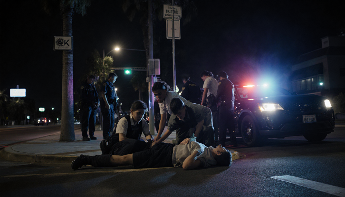 Track student kneeling to tend injured teammate with flashing police lights above the damaged car