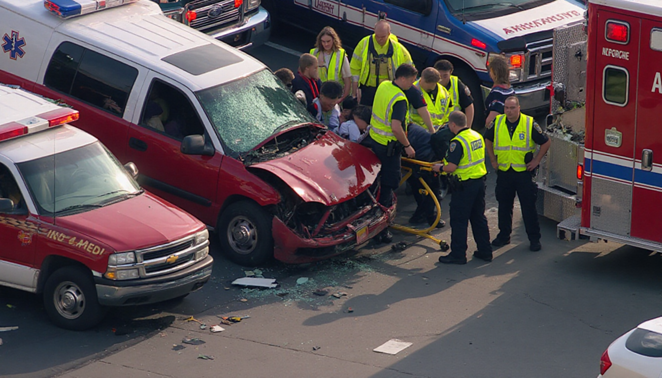 Emergency crew attends injured student on stretcher with a row of ambulances and police cars nearby