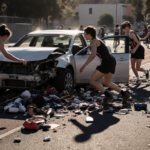 Athletes scrambling to safety with a mangled car wreck and debris on the track.