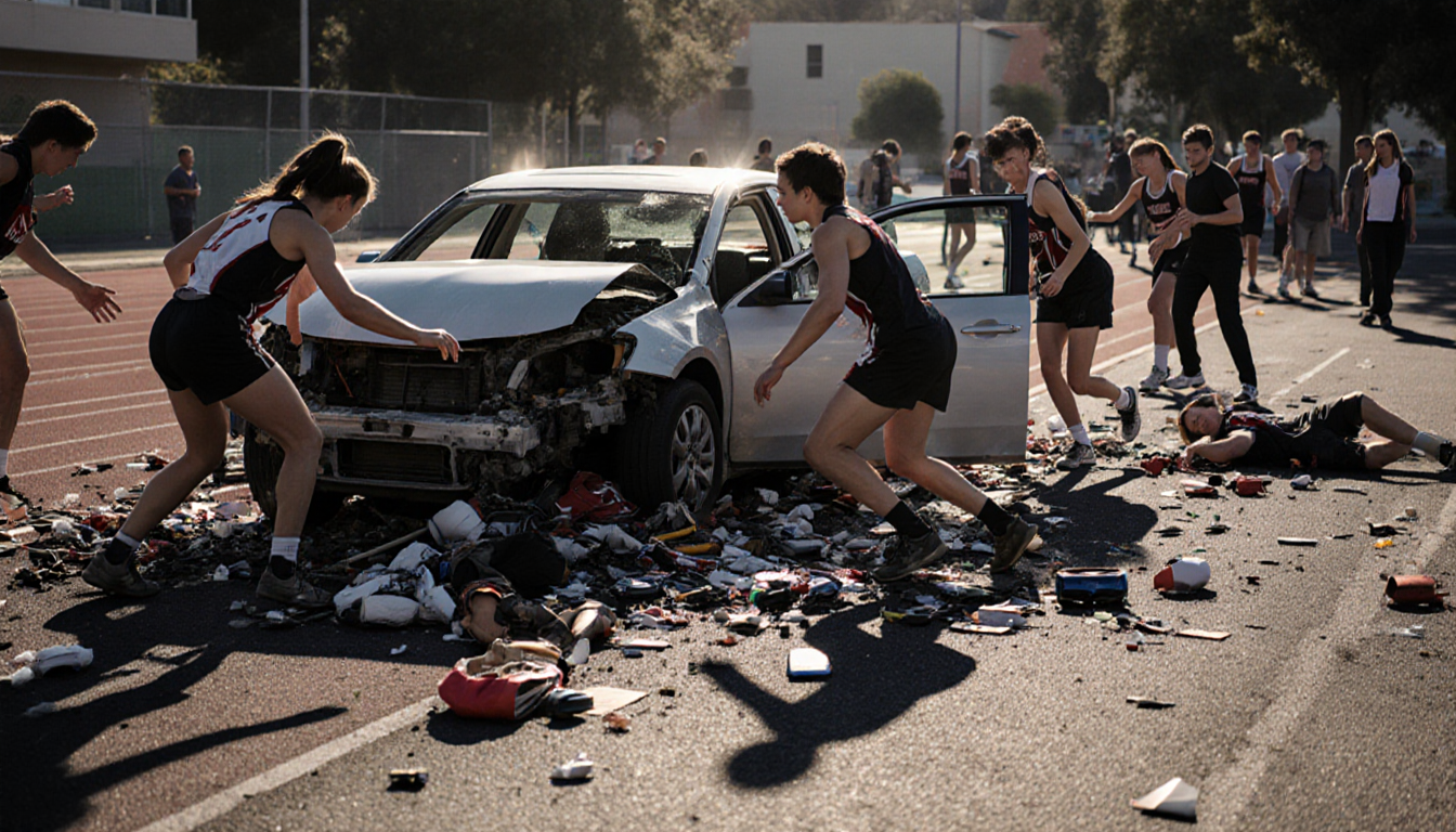 Athletes scrambling to safety with a mangled car wreck and debris on the track.