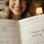 Andrea Swift sits at a desk with a calendar showing Taylor Swift and Travis Kelce meeting date with warm lighting.