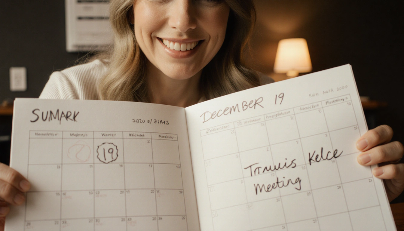 Andrea Swift sits at a desk with a calendar showing Taylor Swift and Travis Kelce meeting date with warm lighting.