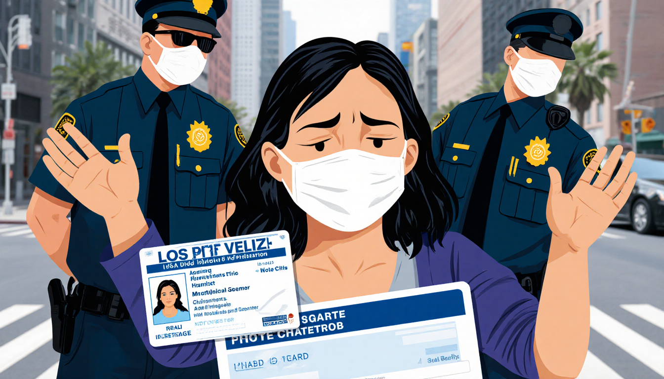 Andrea Velez standing with hands raised and Real ID card on ground during immigration detention two masked agents behind her.