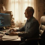 Aged Andrew Ng sits at a cluttered desk with books while staring at a warm golden-lit screen showing a cryptic algorithm