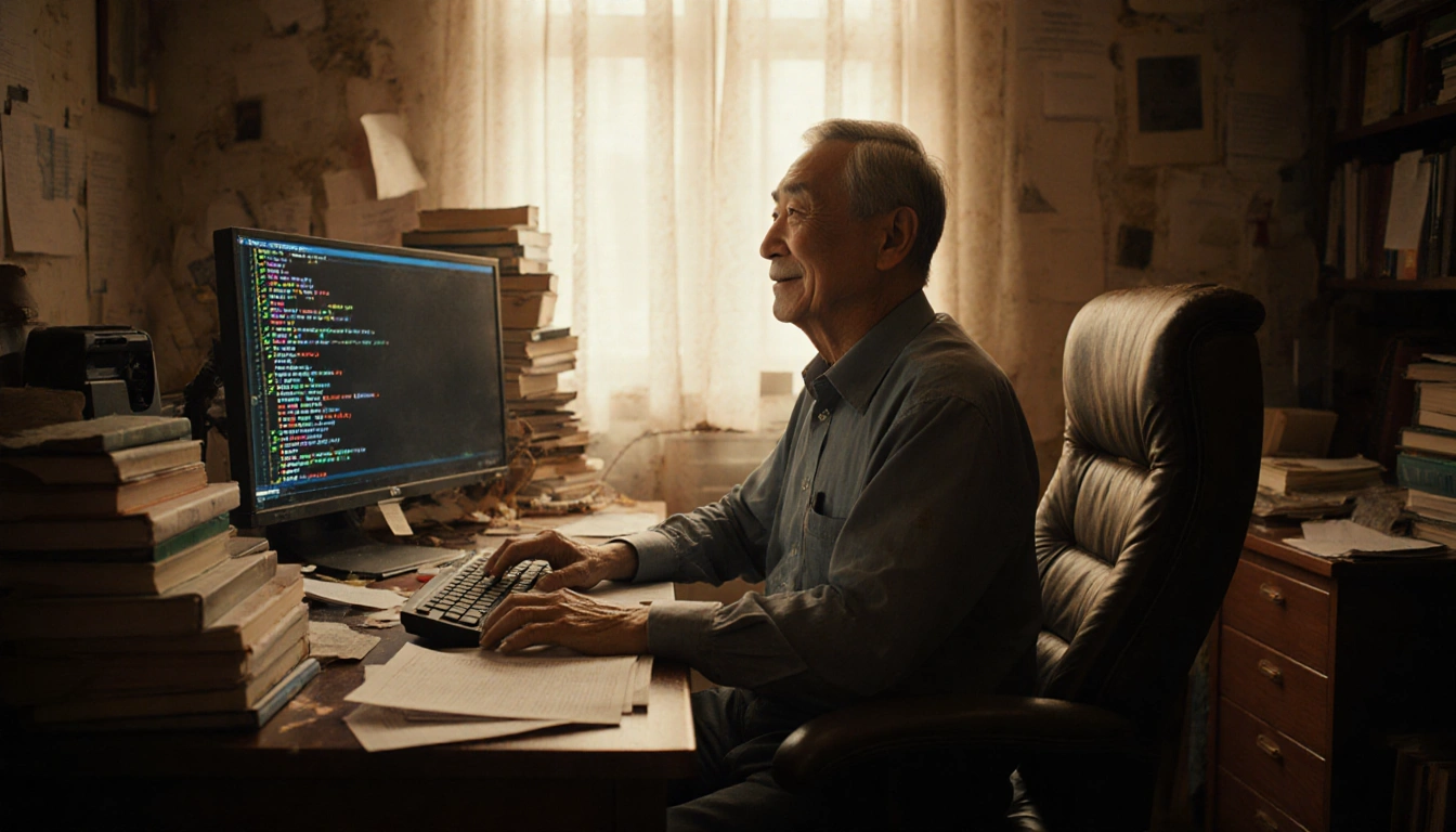Aged Andrew Ng sits at a cluttered desk with books while staring at a warm golden-lit screen showing a cryptic algorithm