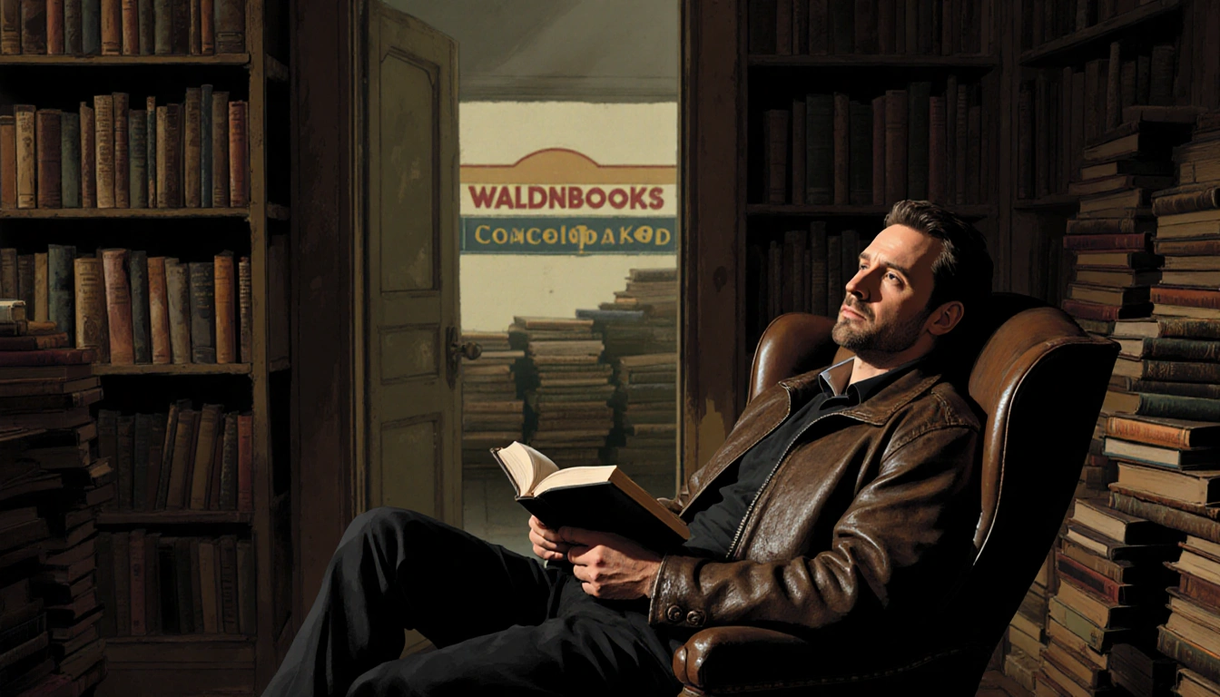 Andrew Cooper sits leaning back with a book in a nostalgic room with books and a Waldenbooks sign through the doorway.