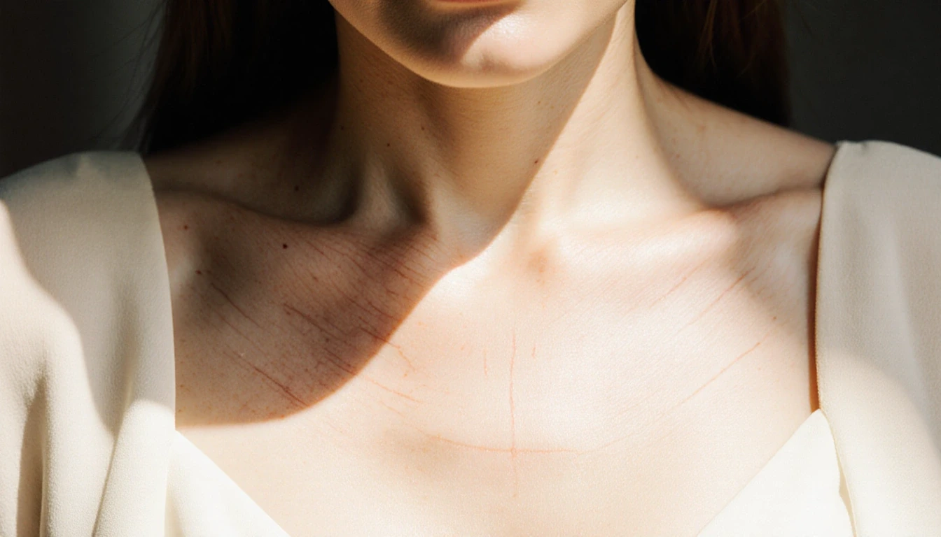 Angelina Jolie revealing mastectomy scars with gentle glow and soft cream blouse expressing strength