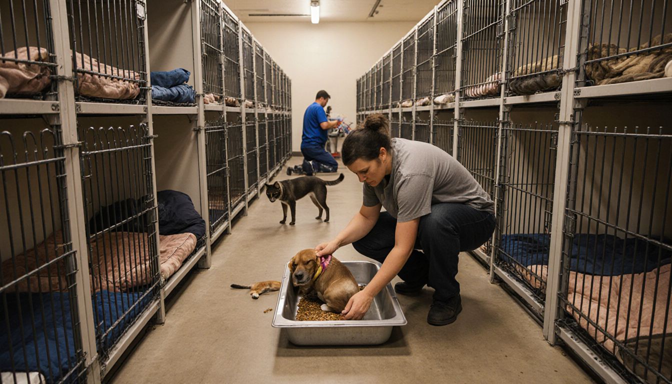 Volunteer feeding a displaced dog with a trough while another cares for an injured cat in a shelter