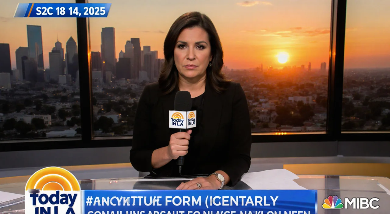News anchor Annette Arreola speaking into microphone with Los Angeles sunset behind her.