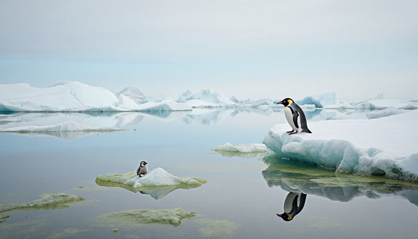 Penguin chick perched on melting Antarctic ice shelf with algae streaks and pale blue sky reflected in icy surface