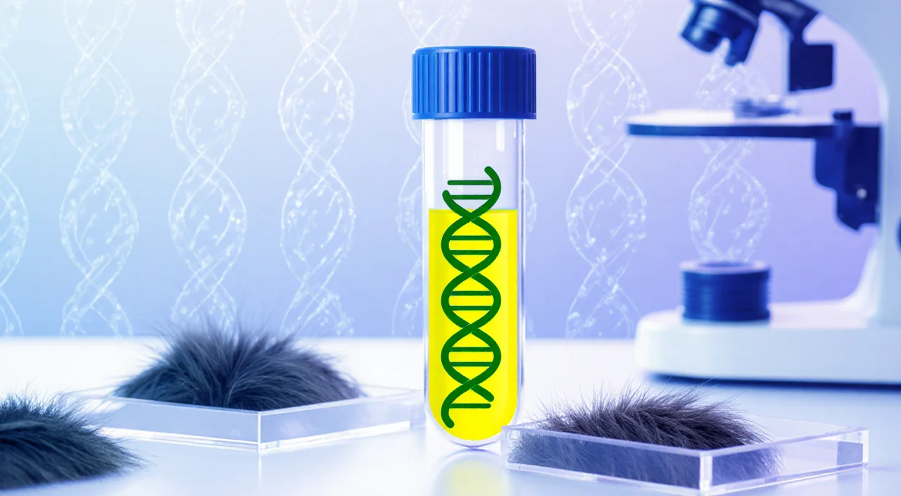 Genetic test tube shows a DNA double helix highlighted yellow with anteater hair samples and microscope slides nearby.