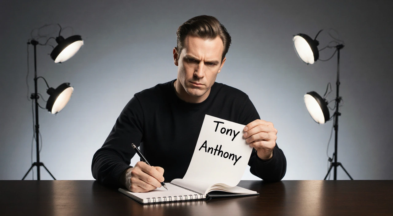 Young Anthony Geary the actor flipping through a name change notebook with pen and television studio lights behind him.
