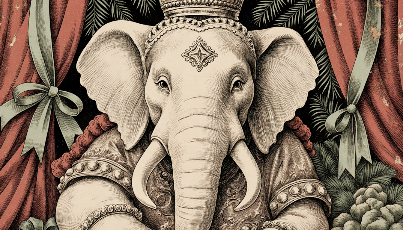 Ornate white elephant statue posing with regal expression surrounded by antique fabrics and ribbons with subtle wear