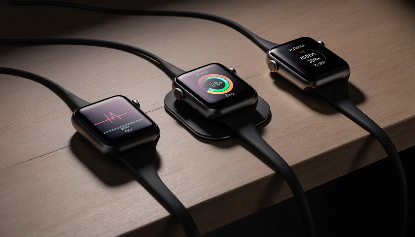 Apple Watches connecting with glowing displays and intertwined charging cables on a minimalist wooden desk