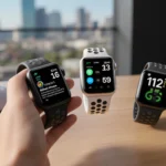 Athlete holding Apple Watch with price tags and sports gear in background cityscape blurred