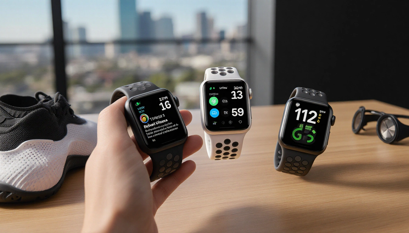 Athlete holding Apple Watch with price tags and sports gear in background cityscape blurred