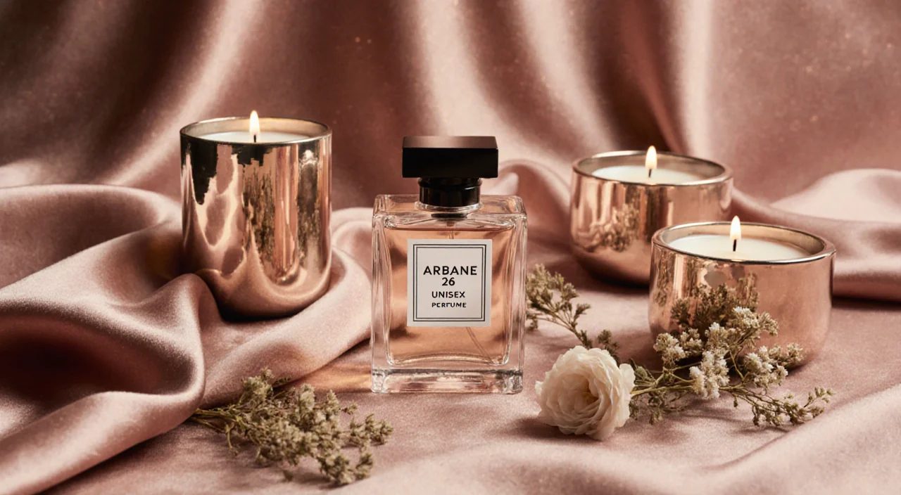 Perfume bottle resting on rose‑gold surface with flickering candles and dried floral sprigs nearby