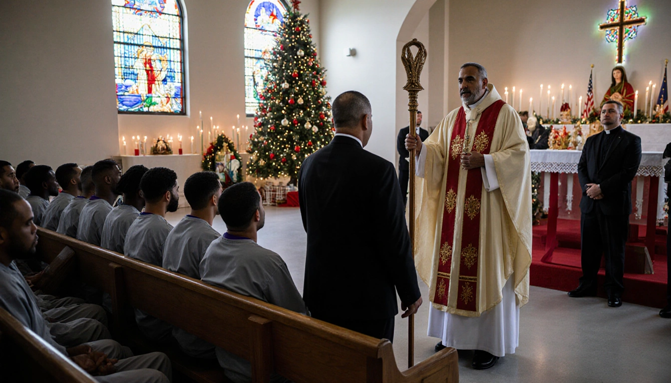 Archbishop José H. Gomez leading a Christmas mass with inmates seated and a Christmas tree in the chapel