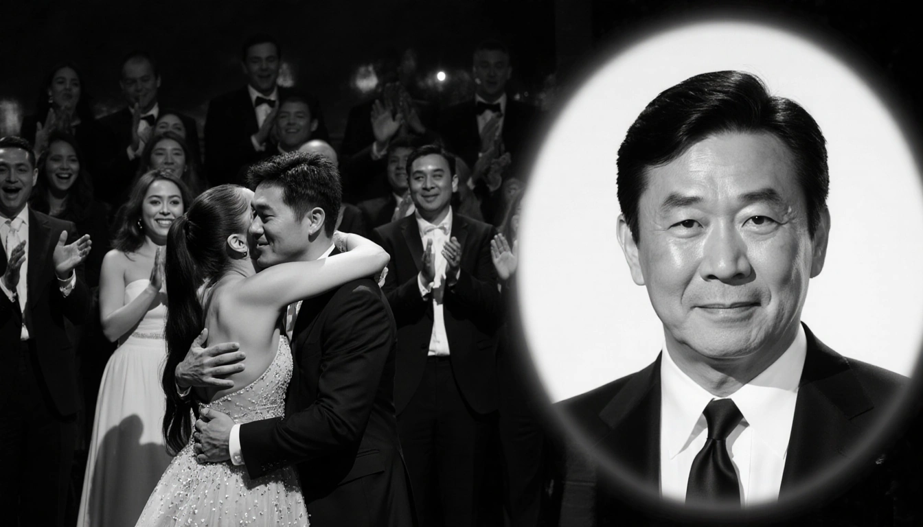 Ariana Grande thanking Bowen Yang with a standing ovation background and black-and-white photo of Rob Reiner in foreground.