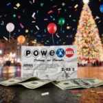 Crumbled Arkansas Powerball ticket celebrating win with confetti and balloons over glowing city lights
