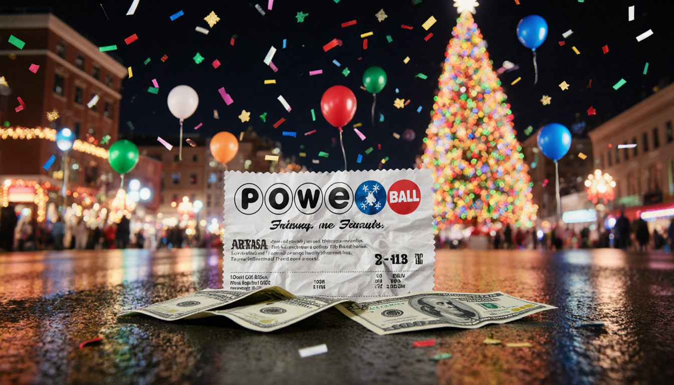 Crumbled Arkansas Powerball ticket celebrating win with confetti and balloons over glowing city lights