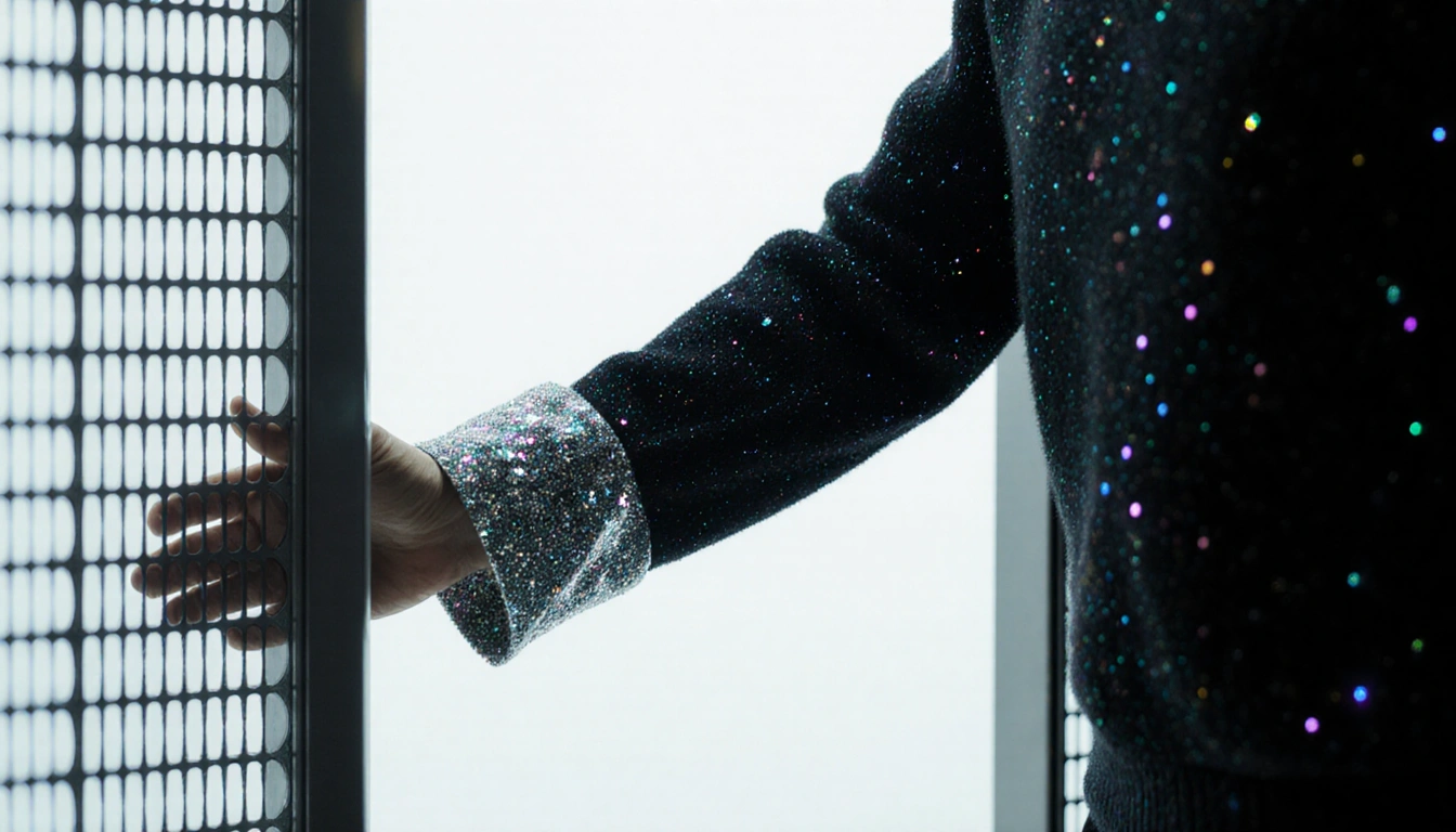 Person's arm holding sparkly sweater with reflective shine on metal detector and scanner grid interference