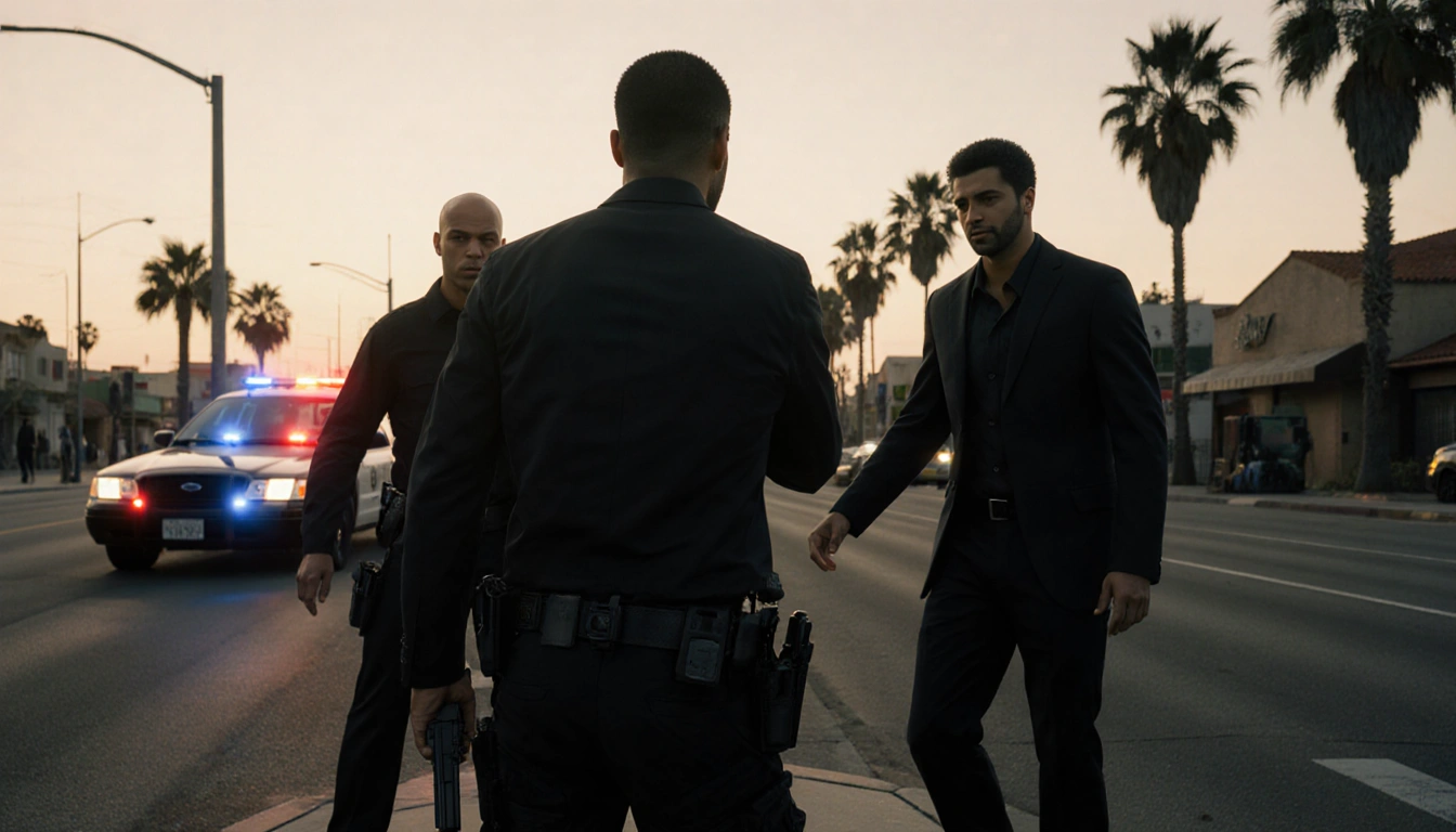 Three men in dark clothing attempting to rob an armed individual with police car flashing lights and palm trees