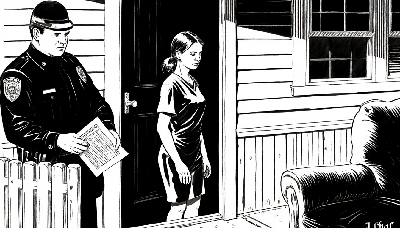 Law enforcement officer entering Ashlee Buzzard's doorway with a search warrant and dim shadows emphasizing the arrest