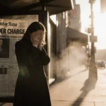 Ashlee Buzzard covering her face with hands at newsstand beside blurry Murder Charge headline and flowers in sidewalk mist.