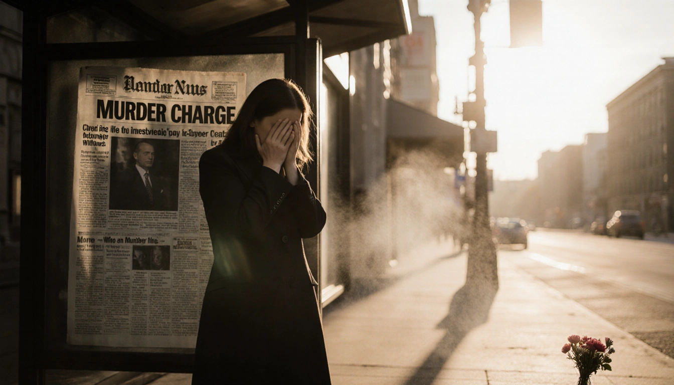 Ashlee Buzzard covering her face with hands at newsstand beside blurry Murder Charge headline and flowers in sidewalk mist.