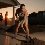 Ashley Caldwell shovels dirt from driveway with sweat on brow husband and child watch from porch at sunset motherhood