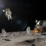 Four astronauts floating near the Moon